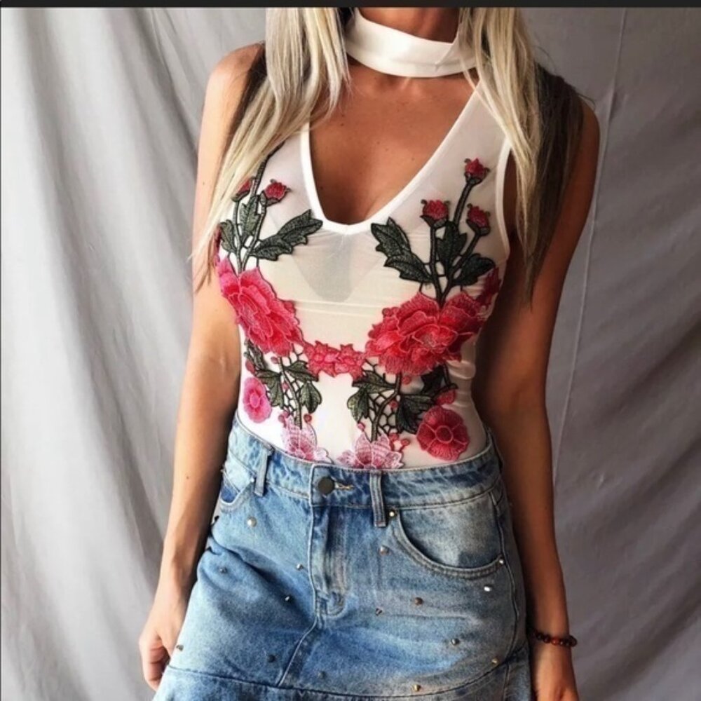 Ivory Floral Patch Sheer Mesh Sleeveless Bodysuit